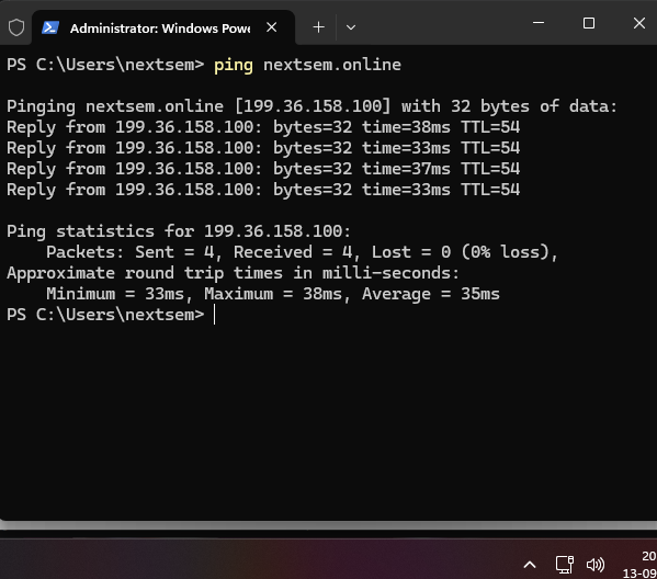Pinging nextsem.online Server in Windows Terminal