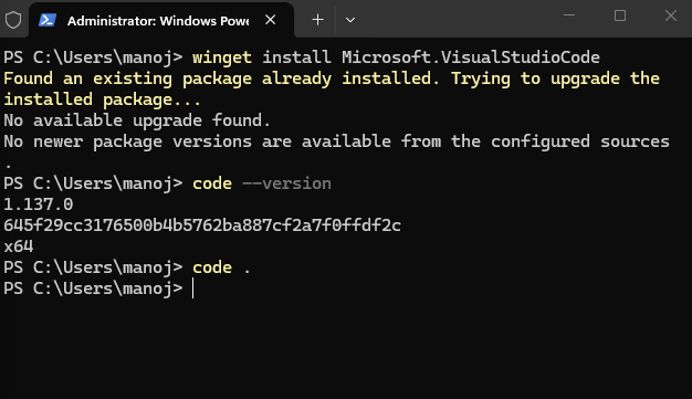 Step 3: Launch VS Code Workspace with code dot